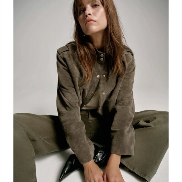 Alfani Leather Suede Short Boho Biker Standup Neck Jacket Dark Olive Green - Picture 14 of 14